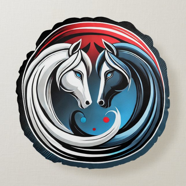 Yin-Yang Inspired Abstract Horse Design Round Cushion (Front)