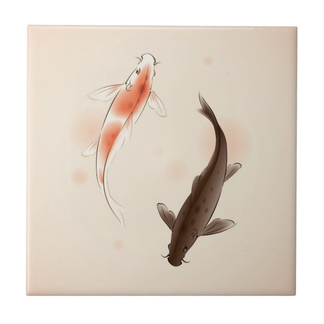 Yin Yang Koi fishes in oriental style painting Ceramic Tile (Front)