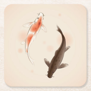 Yin Yang Koi fishes in oriental style painting Square Paper Coaster