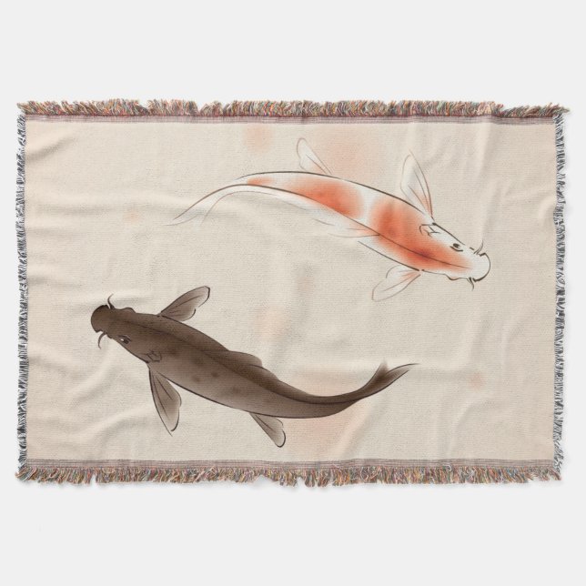 Yin Yang Koi fishes in oriental style painting Throw Blanket (Front)