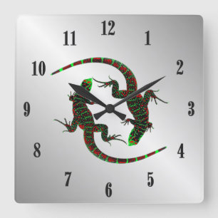 Yin Yang Lizards Silver Black Numbers Square Wall Clock