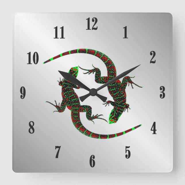 Yin Yang Lizards Silver Black Numbers Square Wall Clock (Front)