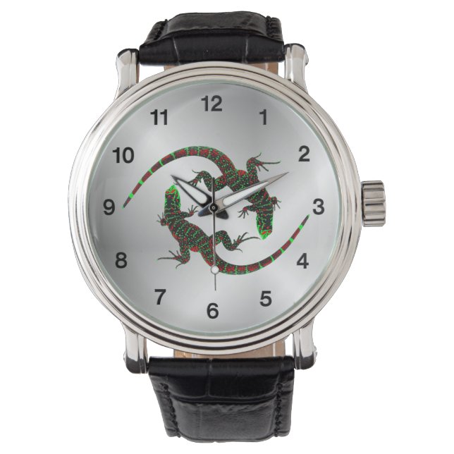 Yin Yang Lizards Silver Black Numbers Watch (Front)