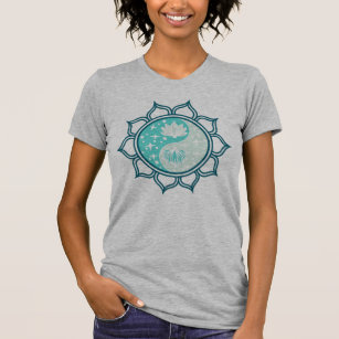 Yin Yang Lotus Flower Mandala Illustration in Blue T-Shirt