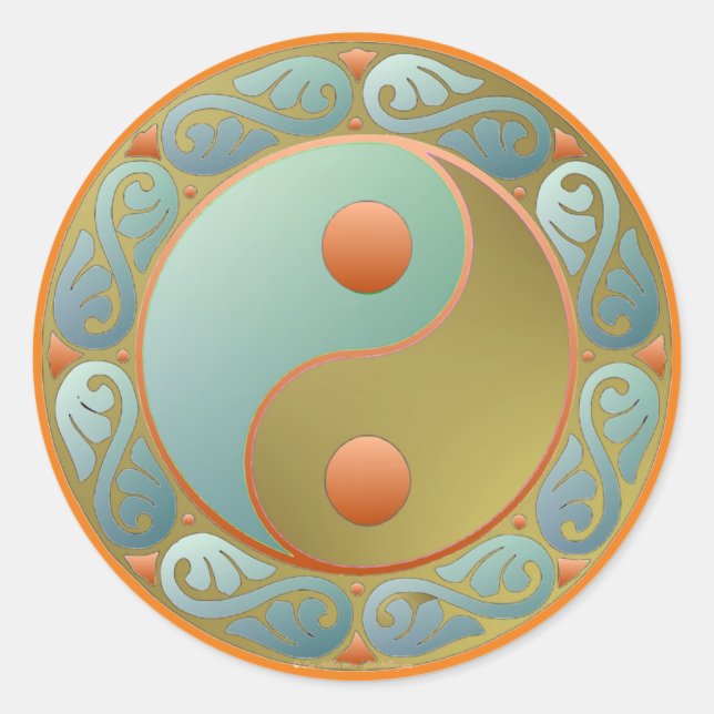 Yin Yang Medallion Gold Turquoise Classic Round Sticker (Front)