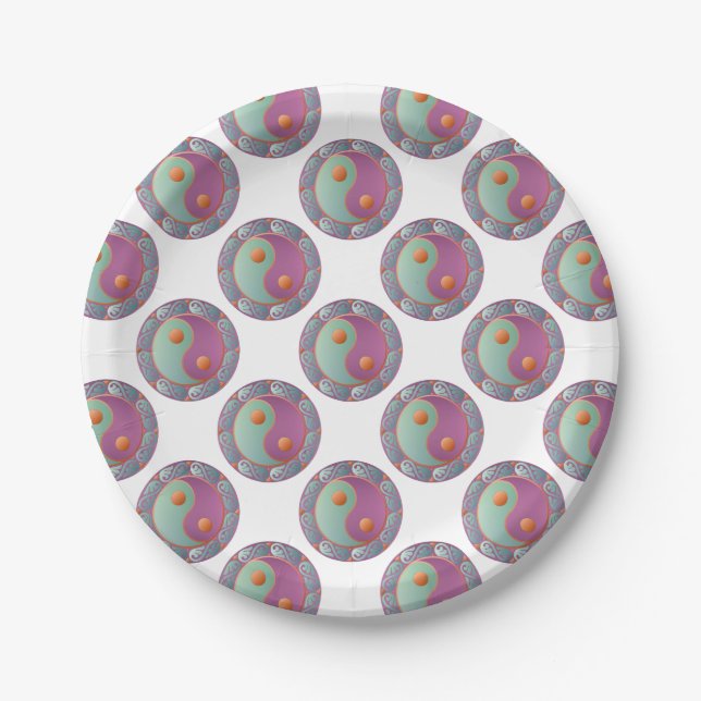 Yin Yang Medallion Violet Turquoise Paper Plate (Front)