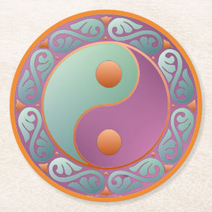 Yin Yang Medallion Violet Turquoise Round Paper Coaster