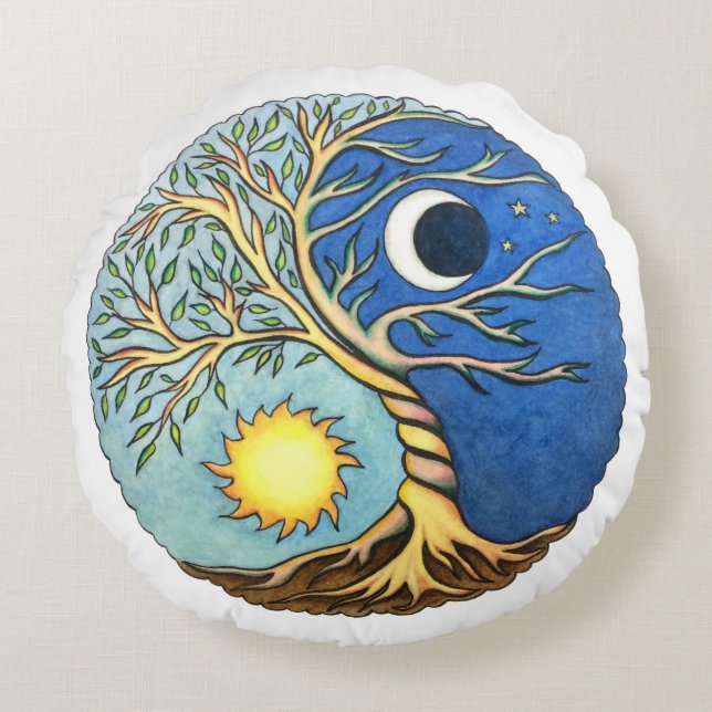 Yin-Yang Moon and Sun Round Cushion (Front)