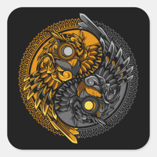 yin yang owl doodle ornament illustration square sticker
