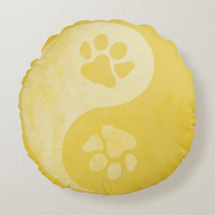 Yin Yang Paw Yellow Round Cushion