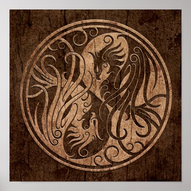 Yin Yang Phoenix with Wood Grain Effect Poster (Front)
