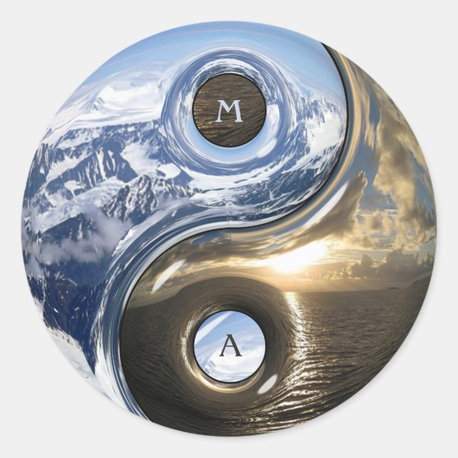 Yin Yang Sea Mountains With Your Monogram Classic Round Sticker (Front)