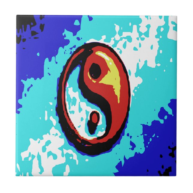 Yin Yang Sign Red and Blue Artistic Ceramic Tile (Front)