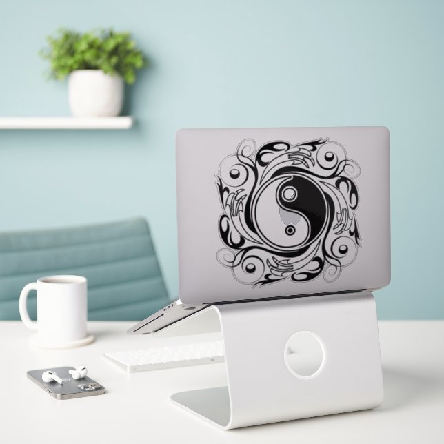 Yin & Yang Symbol Black and White Tattoo Style (Laptop On Desk)