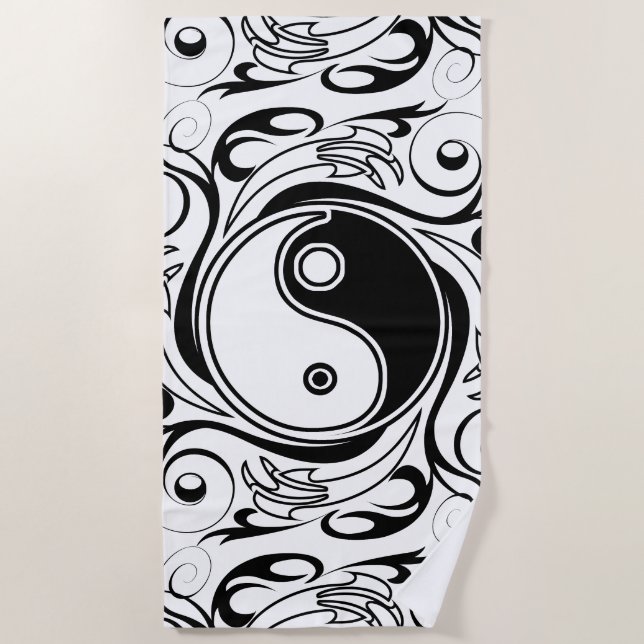 Yin & Yang Symbol Black and White Tattoo Style Beach Towel (Front)
