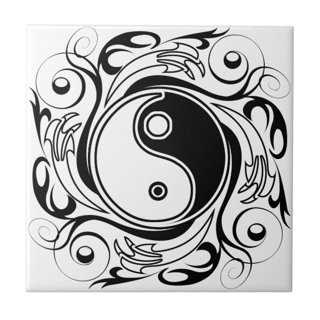 Yin & Yang Symbol Black and White Tattoo Style Ceramic Tile (Front)