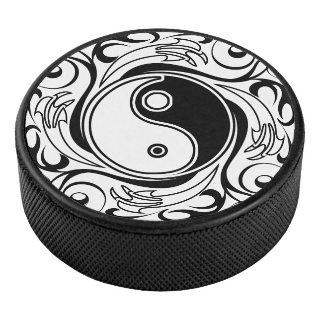 Yin & Yang Symbol Black and White Tattoo Style Hockey Puck (3/4)