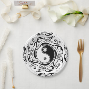 Yin & Yang Symbol Black and White Tattoo Style Paper Plate