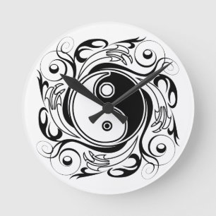 Yin & Yang Symbol Black and White Tattoo Style Round Clock