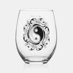 Yin & Yang Symbol Black and White Tattoo Style Stemless Wine Glass