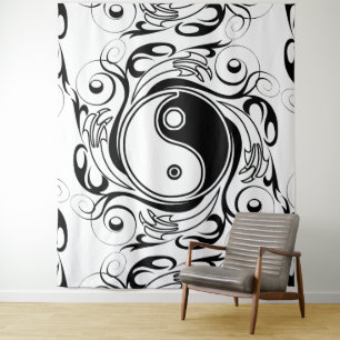Yin & Yang Symbol Black and White Tattoo Style Tapestry