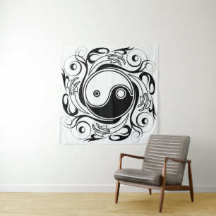 Yin & Yang Symbol Black and White Tattoo Style Tapestry