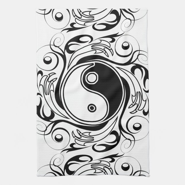 Yin & Yang Symbol Black and White Tattoo Style Tea Towel (Vertical)