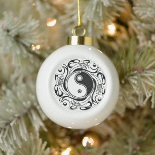 Yin Yang Tattoo Ornamental Style Ceramic Ball Christmas Ornament