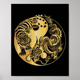 Yin Yang Tiger Dragon Gold  Poster