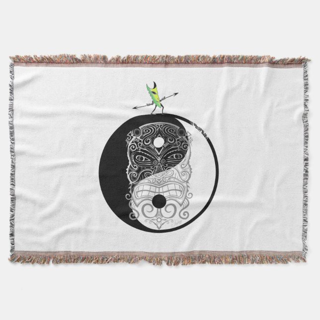 Yin Yang Tiki Warrior Mask Throw Blanket (Front)