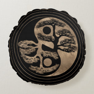 Yin Yang Tree Black and Gold Round Cushion