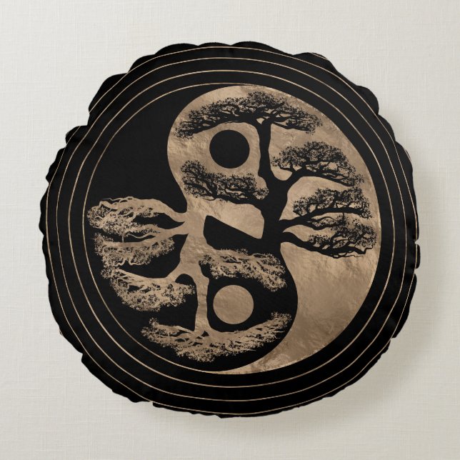 Yin Yang Tree Black and Gold Round Cushion (Front)