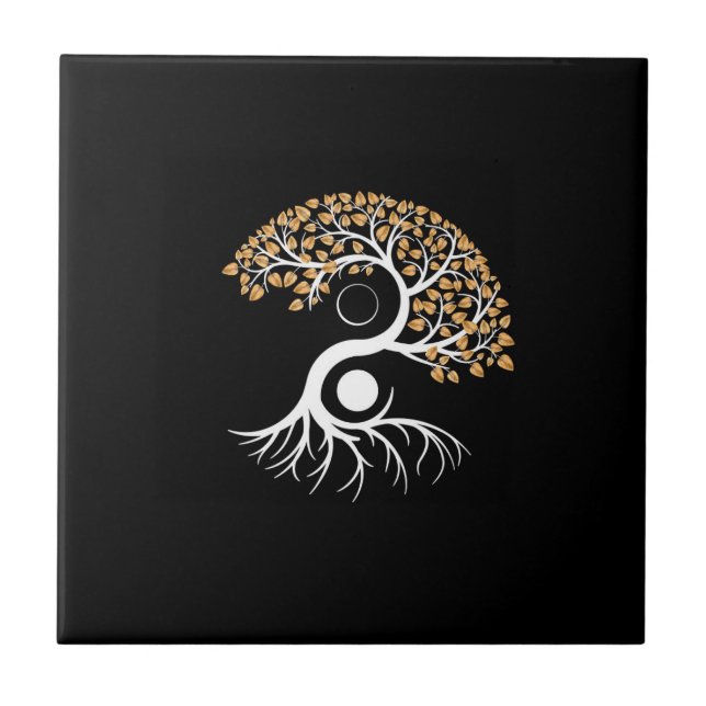 Yin Yang Tree - Golden Leaves Ceramic Tile (Front)