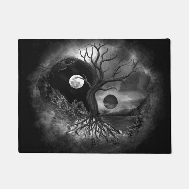 Yin Yang Tree Landscape Black and White Doormat (Front)