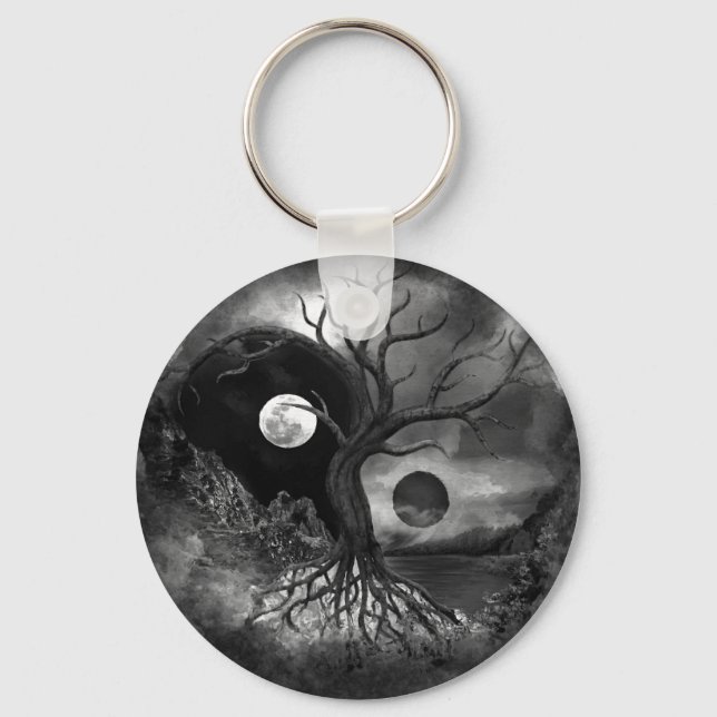 Yin Yang Tree Landscape Black and White Key Ring (Front)