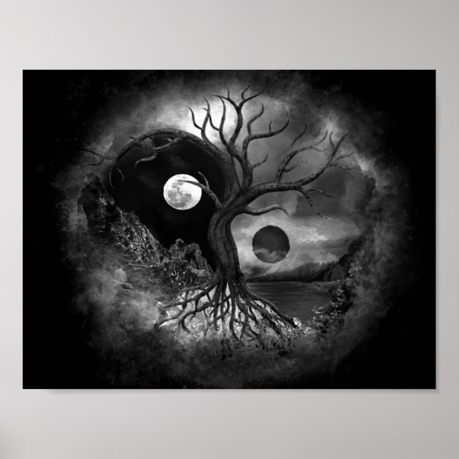 Yin Yang Tree Landscape Black and White Poster (Front)