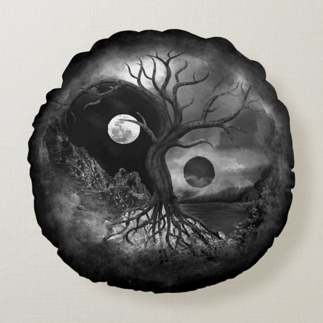 Yin Yang Tree Landscape Black and White Round Cushion (Front)