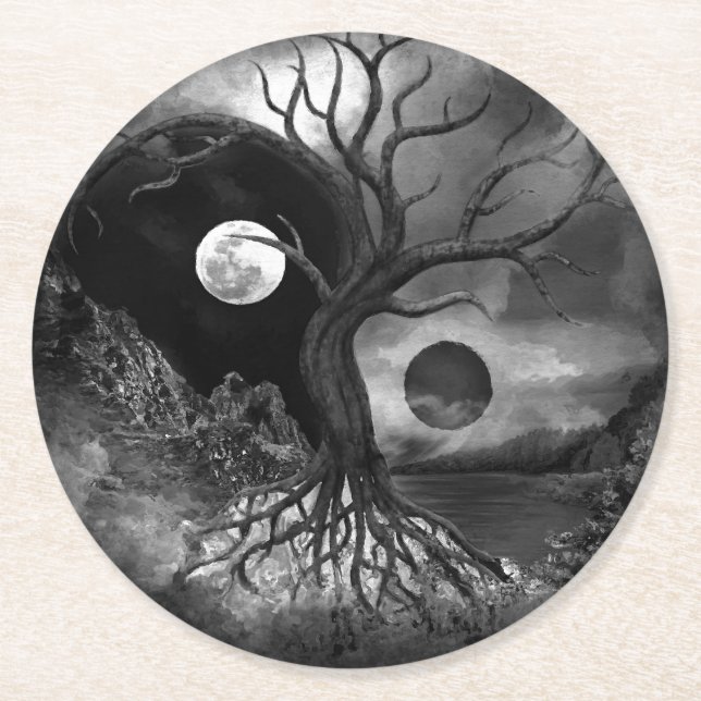 Yin Yang Tree Landscape Black and White Round Paper Coaster (Front)