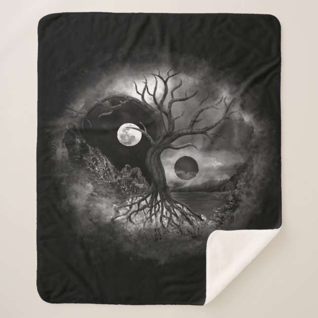 Yin Yang Tree Landscape Black and White Sherpa Blanket (Front)