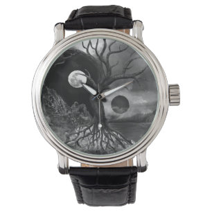Yin Yang Tree Landscape Black and White Watch