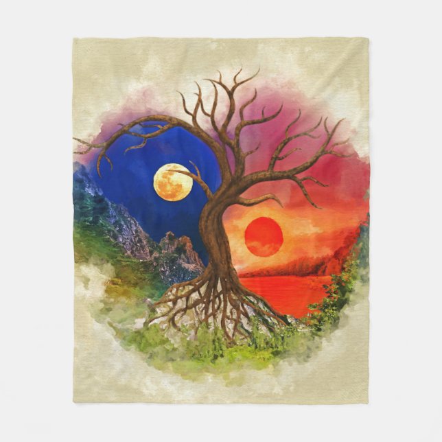 Yin Yang Tree Landscape Fleece Blanket (Front)