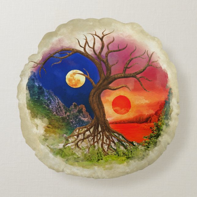 Yin Yang Tree Landscape Round Cushion (Front)