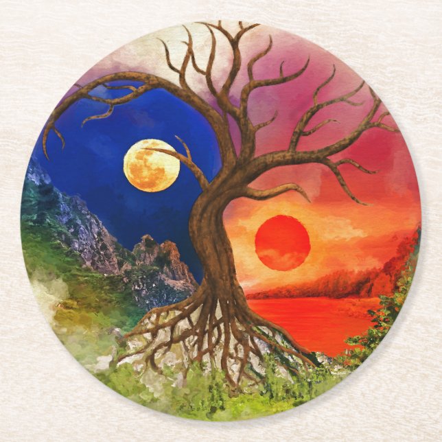 Yin Yang Tree Landscape Round Paper Coaster (Front)