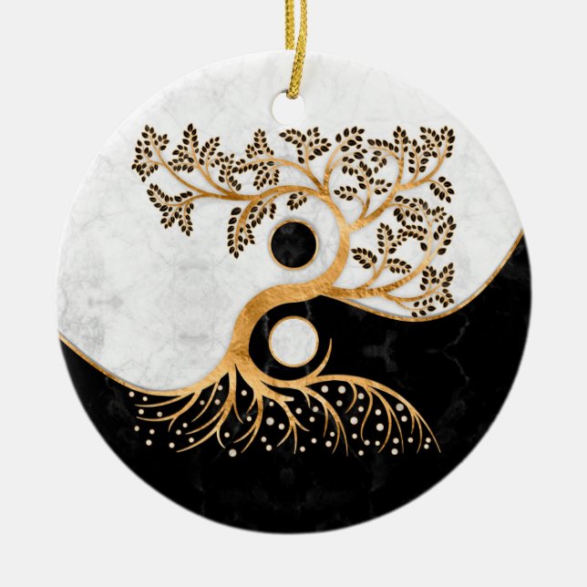 Yin Yang Tree - Marbles and Gold Ceramic Ornament (Front)