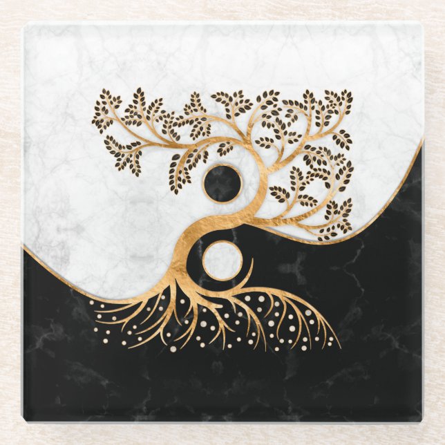 Yin Yang Tree - Marbles and Gold Glass Coaster (Front)