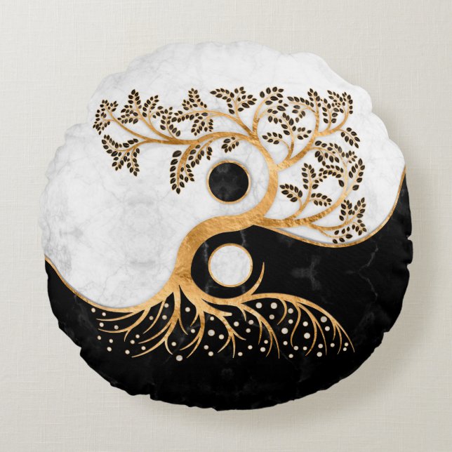 Yin Yang Tree - Marbles and Gold Round Cushion (Front)