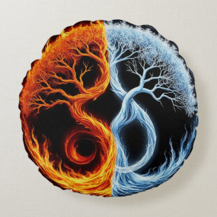 Yin Yang Tree Motif Representing Balance of Fire Round Cushion