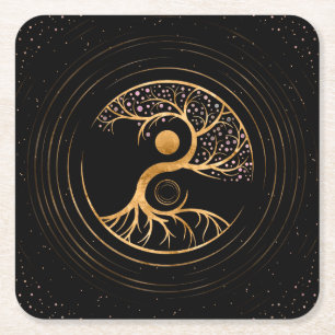 Yin Yang Tree of life - Fluorite and Gold Square Paper Coaster