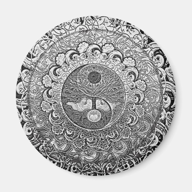 Yin Yang Tree of Life in Silver Colours Magnet (Front)