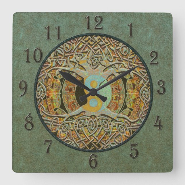 Yin Yang Tree of Life Leather Look Square Wall Clock (Front)